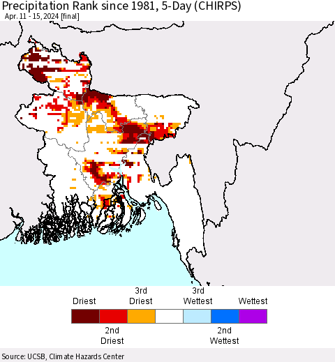 Bangladesh Precipitation Rank since 1981, 5-Day (CHIRPS) Thematic Map For 4/11/2024 - 4/15/2024