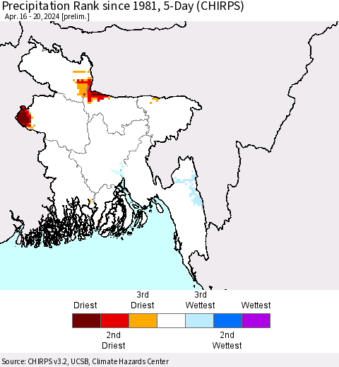 Bangladesh Precipitation Rank since 1981, 5-Day (CHIRPS) Thematic Map For 4/16/2024 - 4/20/2024