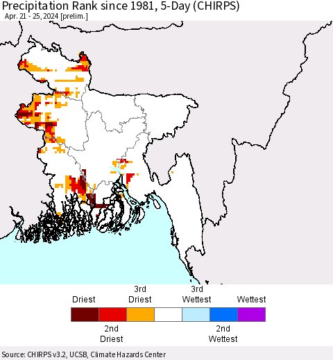 Bangladesh Precipitation Rank since 1981, 5-Day (CHIRPS) Thematic Map For 4/21/2024 - 4/25/2024