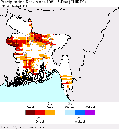 Bangladesh Precipitation Rank since 1981, 5-Day (CHIRPS) Thematic Map For 4/26/2024 - 4/30/2024