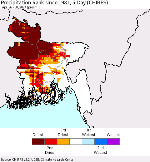 Bangladesh Precipitation Rank since 1981, 5-Day (CHIRPS) Thematic Map For 4/26/2024 - 4/30/2024