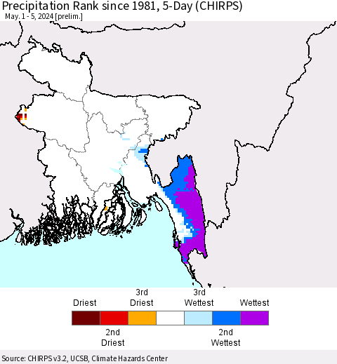 Bangladesh Precipitation Rank since 1981, 5-Day (CHIRPS) Thematic Map For 5/1/2024 - 5/5/2024