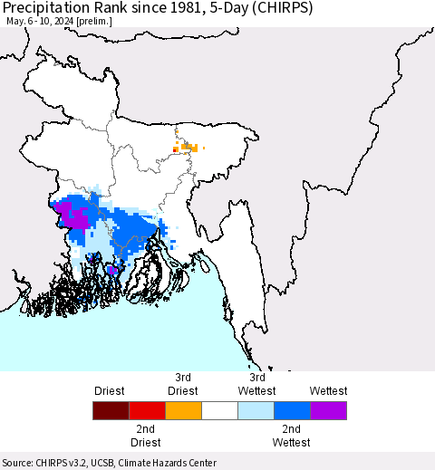 Bangladesh Precipitation Rank since 1981, 5-Day (CHIRPS) Thematic Map For 5/6/2024 - 5/10/2024