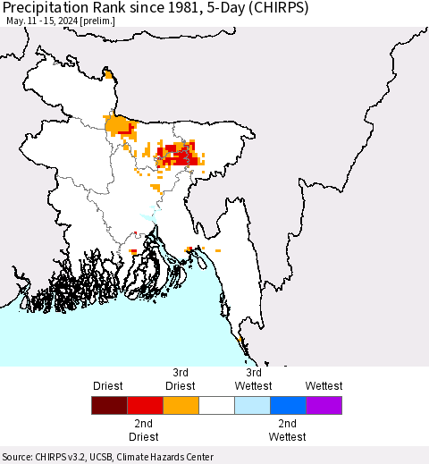 Bangladesh Precipitation Rank since 1981, 5-Day (CHIRPS) Thematic Map For 5/11/2024 - 5/15/2024