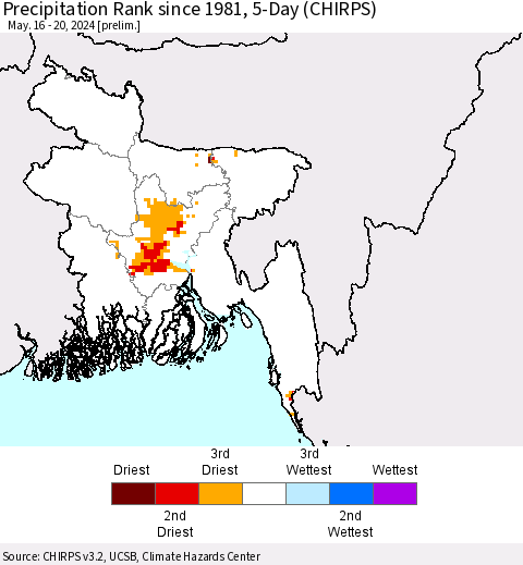 Bangladesh Precipitation Rank since 1981, 5-Day (CHIRPS) Thematic Map For 5/16/2024 - 5/20/2024