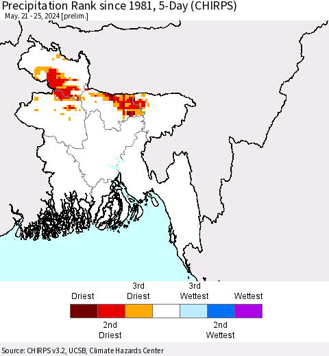 Bangladesh Precipitation Rank since 1981, 5-Day (CHIRPS) Thematic Map For 5/21/2024 - 5/25/2024
