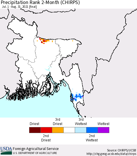 Bangladesh Precipitation Rank since 1981, 2-Month (CHIRPS) Thematic Map For 7/1/2021 - 8/31/2021