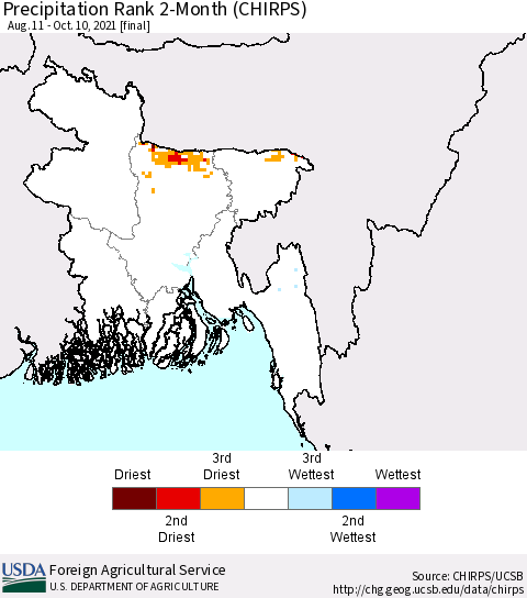 Bangladesh Precipitation Rank since 1981, 2-Month (CHIRPS) Thematic Map For 8/11/2021 - 10/10/2021