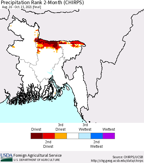 Bangladesh Precipitation Rank since 1981, 2-Month (CHIRPS) Thematic Map For 8/16/2021 - 10/15/2021