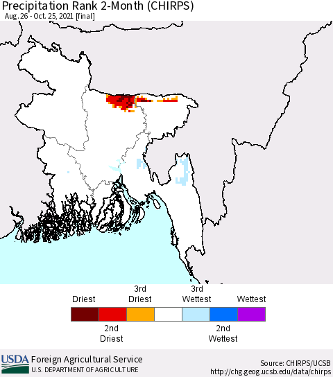Bangladesh Precipitation Rank since 1981, 2-Month (CHIRPS) Thematic Map For 8/26/2021 - 10/25/2021