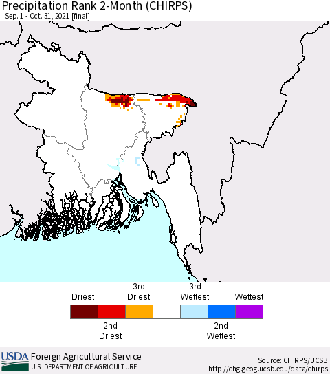 Bangladesh Precipitation Rank since 1981, 2-Month (CHIRPS) Thematic Map For 9/1/2021 - 10/31/2021