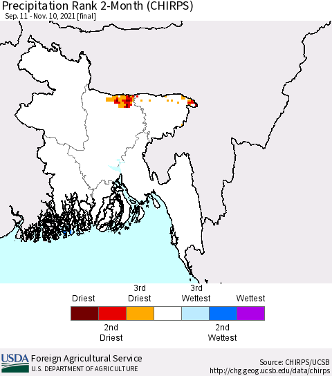 Bangladesh Precipitation Rank since 1981, 2-Month (CHIRPS) Thematic Map For 9/11/2021 - 11/10/2021
