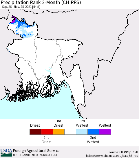 Bangladesh Precipitation Rank since 1981, 2-Month (CHIRPS) Thematic Map For 9/26/2021 - 11/25/2021