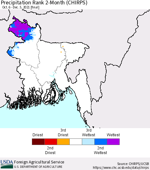 Bangladesh Precipitation Rank since 1981, 2-Month (CHIRPS) Thematic Map For 10/6/2021 - 12/5/2021