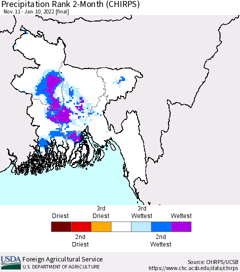 Bangladesh Precipitation Rank since 1981, 2-Month (CHIRPS) Thematic Map For 11/11/2021 - 1/10/2022