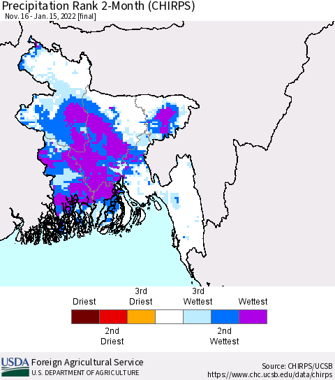 Bangladesh Precipitation Rank since 1981, 2-Month (CHIRPS) Thematic Map For 11/16/2021 - 1/15/2022