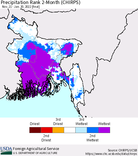 Bangladesh Precipitation Rank since 1981, 2-Month (CHIRPS) Thematic Map For 11/21/2021 - 1/20/2022