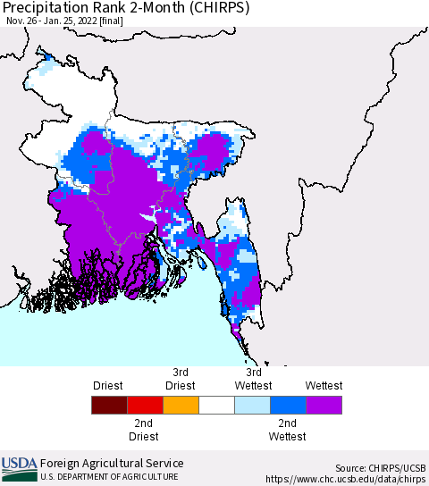 Bangladesh Precipitation Rank since 1981, 2-Month (CHIRPS) Thematic Map For 11/26/2021 - 1/25/2022