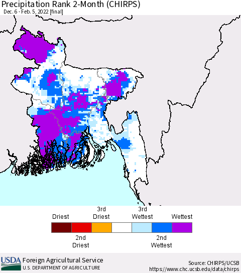 Bangladesh Precipitation Rank since 1981, 2-Month (CHIRPS) Thematic Map For 12/6/2021 - 2/5/2022