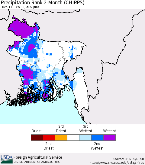 Bangladesh Precipitation Rank since 1981, 2-Month (CHIRPS) Thematic Map For 12/11/2021 - 2/10/2022