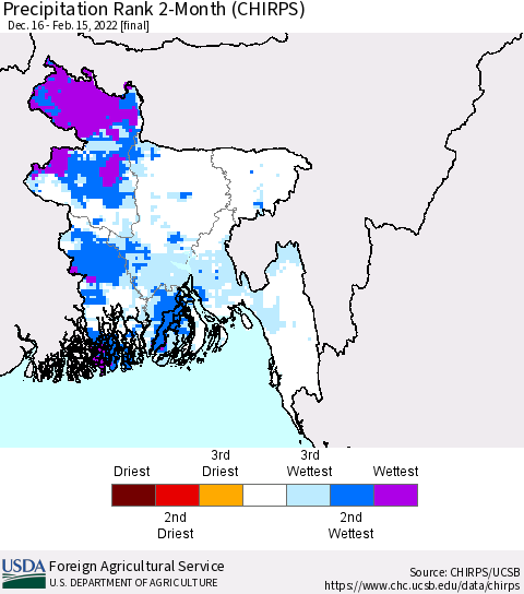 Bangladesh Precipitation Rank since 1981, 2-Month (CHIRPS) Thematic Map For 12/16/2021 - 2/15/2022