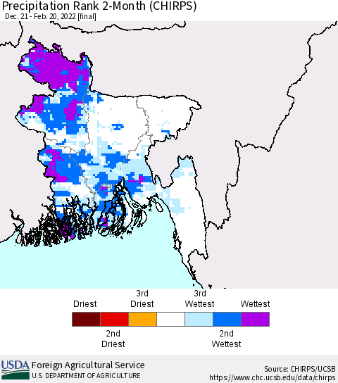 Bangladesh Precipitation Rank since 1981, 2-Month (CHIRPS) Thematic Map For 12/21/2021 - 2/20/2022