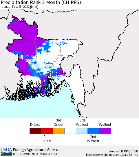 Bangladesh Precipitation Rank since 1981, 2-Month (CHIRPS) Thematic Map For 1/1/2022 - 2/28/2022