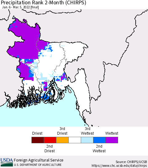 Bangladesh Precipitation Rank since 1981, 2-Month (CHIRPS) Thematic Map For 1/6/2022 - 3/5/2022