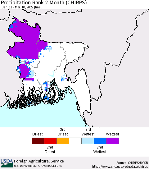 Bangladesh Precipitation Rank since 1981, 2-Month (CHIRPS) Thematic Map For 1/11/2022 - 3/10/2022