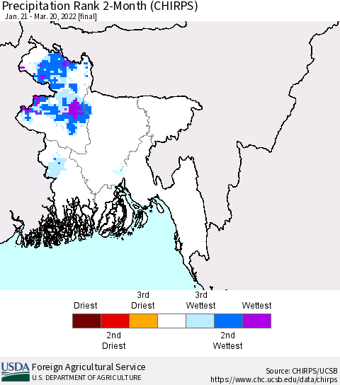 Bangladesh Precipitation Rank since 1981, 2-Month (CHIRPS) Thematic Map For 1/21/2022 - 3/20/2022