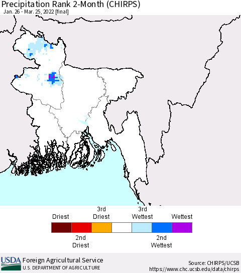 Bangladesh Precipitation Rank since 1981, 2-Month (CHIRPS) Thematic Map For 1/26/2022 - 3/25/2022