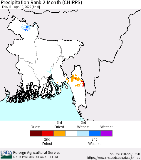 Bangladesh Precipitation Rank since 1981, 2-Month (CHIRPS) Thematic Map For 2/11/2022 - 4/10/2022