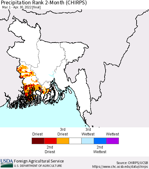 Bangladesh Precipitation Rank since 1981, 2-Month (CHIRPS) Thematic Map For 3/1/2022 - 4/30/2022