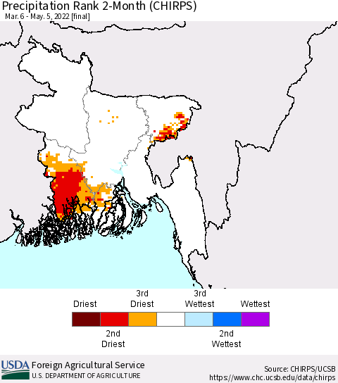 Bangladesh Precipitation Rank since 1981, 2-Month (CHIRPS) Thematic Map For 3/6/2022 - 5/5/2022