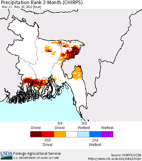 Bangladesh Precipitation Rank since 1981, 2-Month (CHIRPS) Thematic Map For 3/11/2022 - 5/10/2022