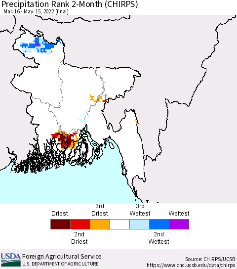 Bangladesh Precipitation Rank since 1981, 2-Month (CHIRPS) Thematic Map For 3/16/2022 - 5/15/2022