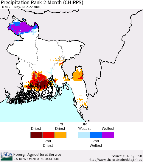 Bangladesh Precipitation Rank since 1981, 2-Month (CHIRPS) Thematic Map For 3/21/2022 - 5/20/2022