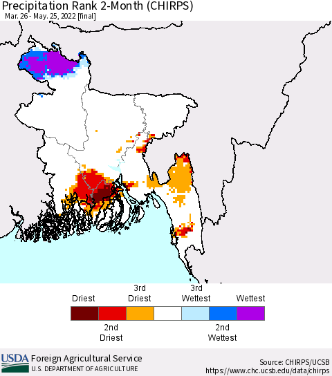 Bangladesh Precipitation Rank since 1981, 2-Month (CHIRPS) Thematic Map For 3/26/2022 - 5/25/2022