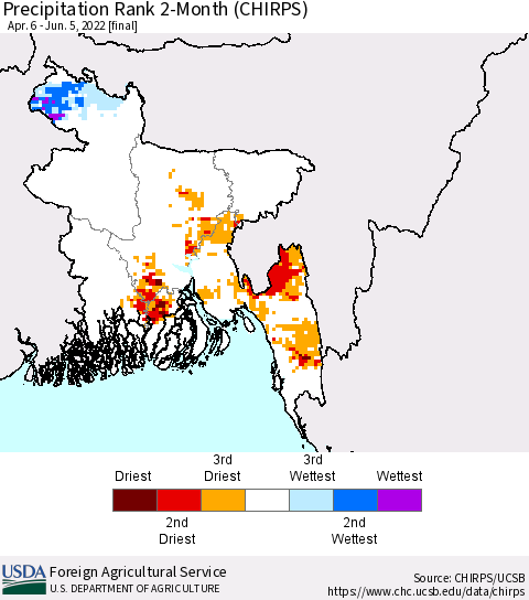 Bangladesh Precipitation Rank since 1981, 2-Month (CHIRPS) Thematic Map For 4/6/2022 - 6/5/2022