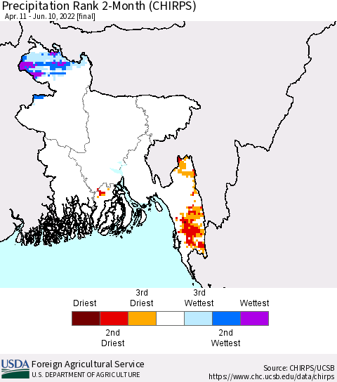 Bangladesh Precipitation Rank since 1981, 2-Month (CHIRPS) Thematic Map For 4/11/2022 - 6/10/2022