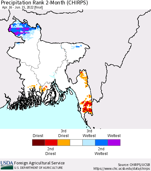 Bangladesh Precipitation Rank since 1981, 2-Month (CHIRPS) Thematic Map For 4/16/2022 - 6/15/2022