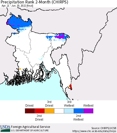 Bangladesh Precipitation Rank since 1981, 2-Month (CHIRPS) Thematic Map For 4/21/2022 - 6/20/2022