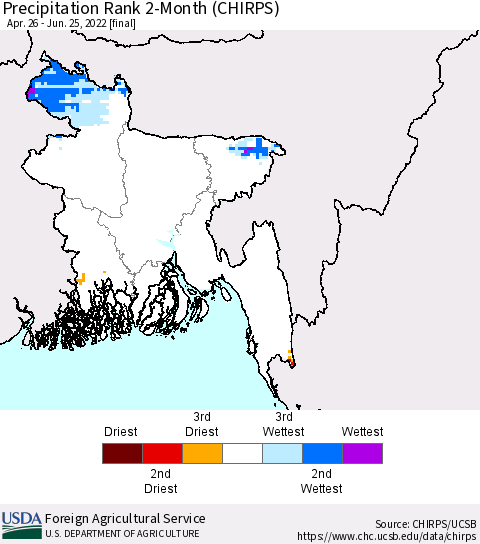 Bangladesh Precipitation Rank since 1981, 2-Month (CHIRPS) Thematic Map For 4/26/2022 - 6/25/2022