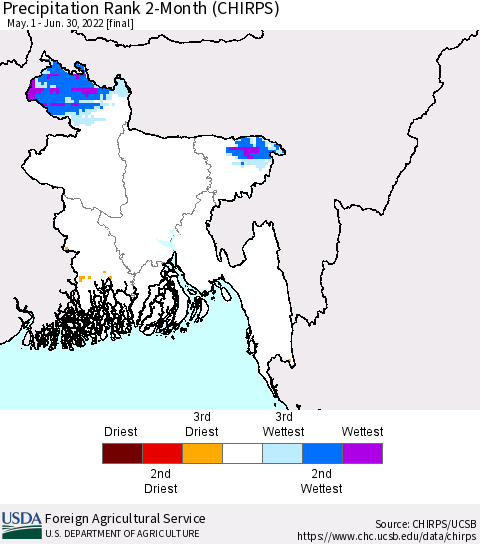 Bangladesh Precipitation Rank since 1981, 2-Month (CHIRPS) Thematic Map For 5/1/2022 - 6/30/2022