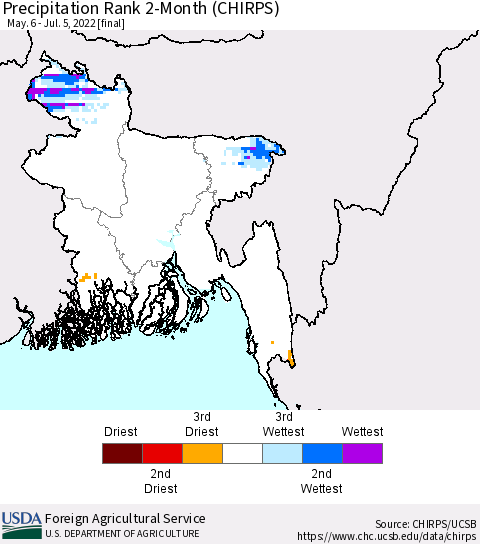 Bangladesh Precipitation Rank since 1981, 2-Month (CHIRPS) Thematic Map For 5/6/2022 - 7/5/2022