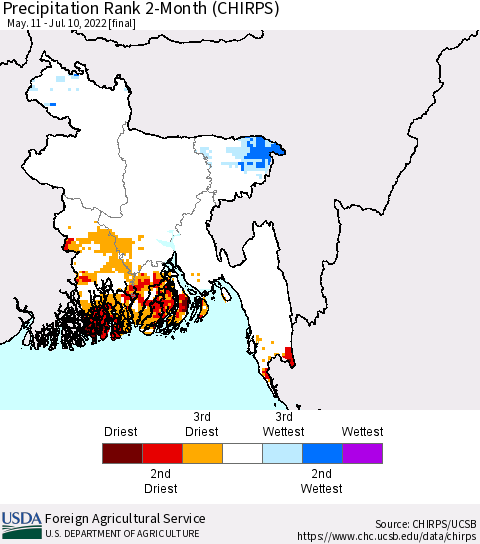 Bangladesh Precipitation Rank since 1981, 2-Month (CHIRPS) Thematic Map For 5/11/2022 - 7/10/2022