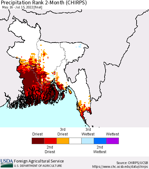 Bangladesh Precipitation Rank since 1981, 2-Month (CHIRPS) Thematic Map For 5/16/2022 - 7/15/2022