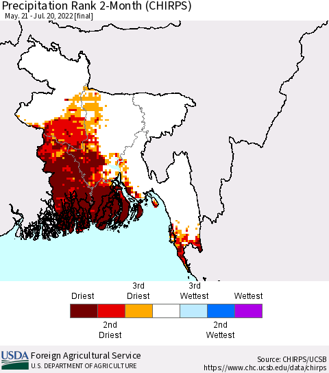 Bangladesh Precipitation Rank since 1981, 2-Month (CHIRPS) Thematic Map For 5/21/2022 - 7/20/2022