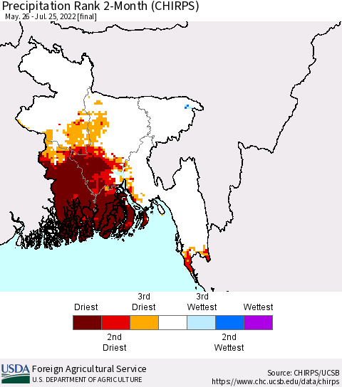 Bangladesh Precipitation Rank since 1981, 2-Month (CHIRPS) Thematic Map For 5/26/2022 - 7/25/2022