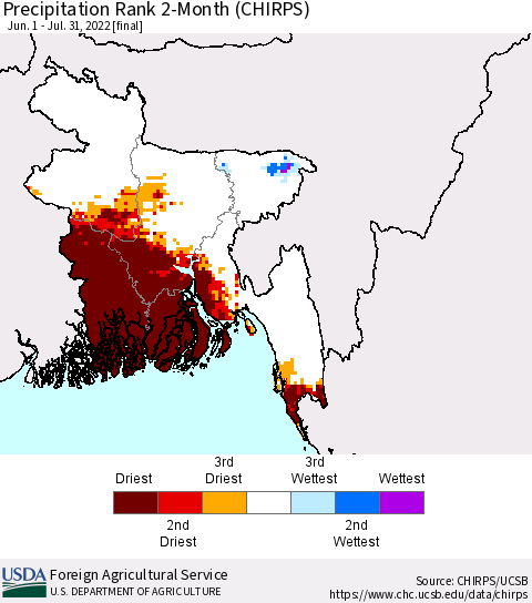 Bangladesh Precipitation Rank since 1981, 2-Month (CHIRPS) Thematic Map For 6/1/2022 - 7/31/2022